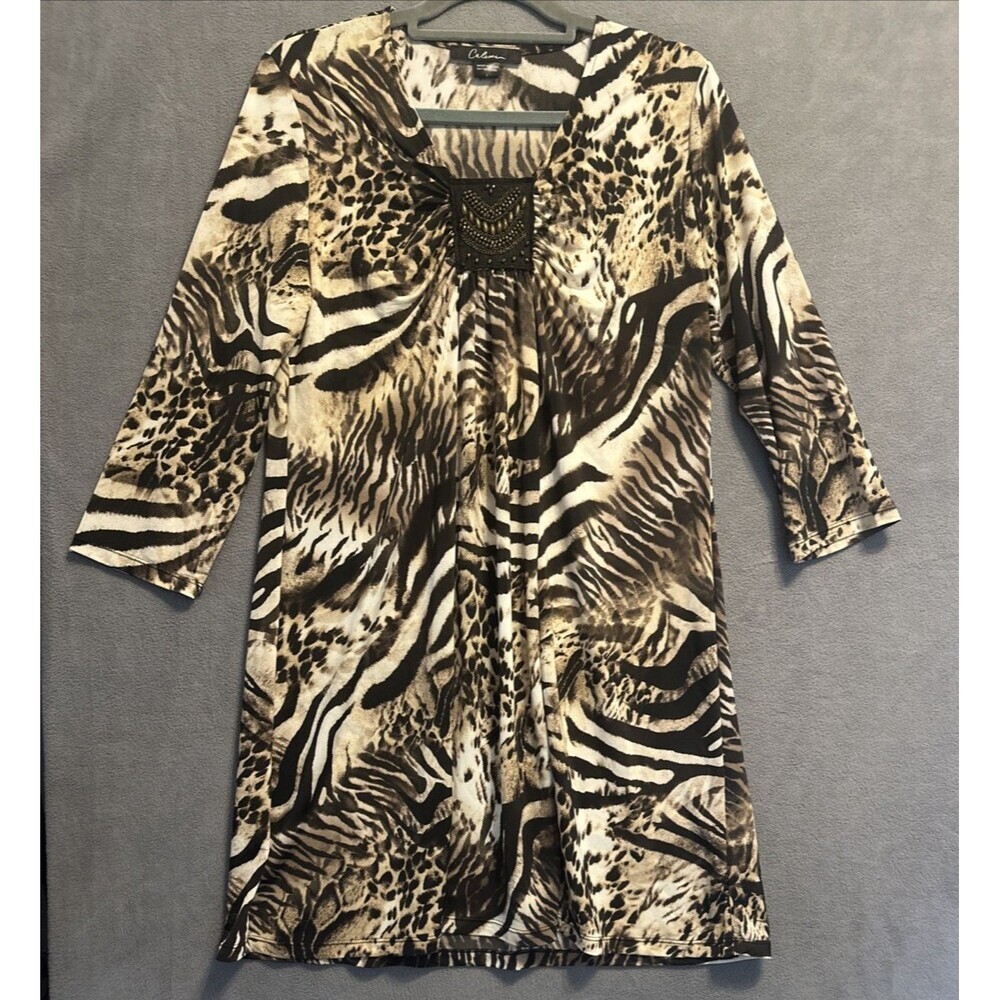 Calessa Beaded Animal Print Tunic Dress‎ Size L Brown Stretch Artsy Southwestern